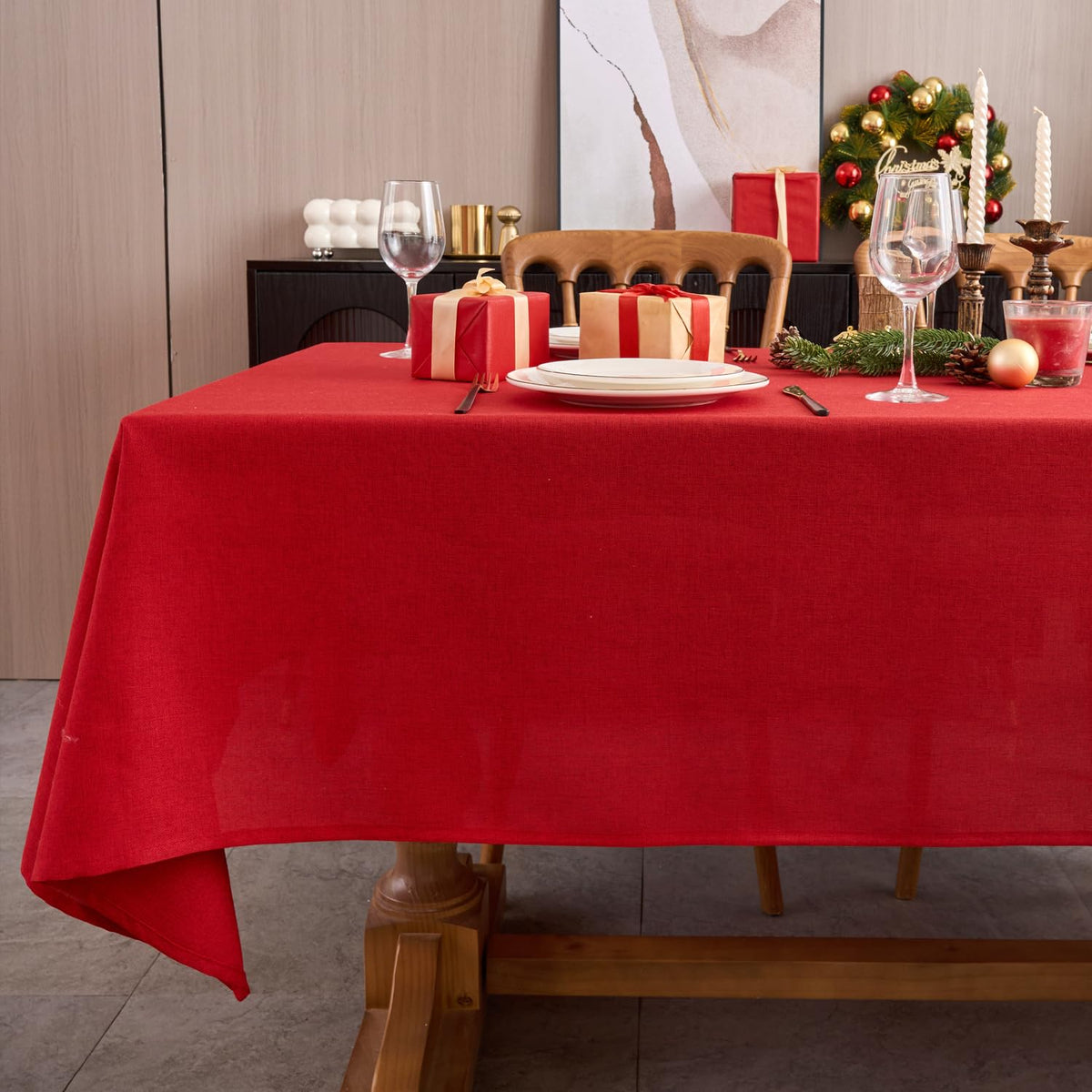 NLMUVW red faux linen tablecloth square in 48x48 for elegant dining.