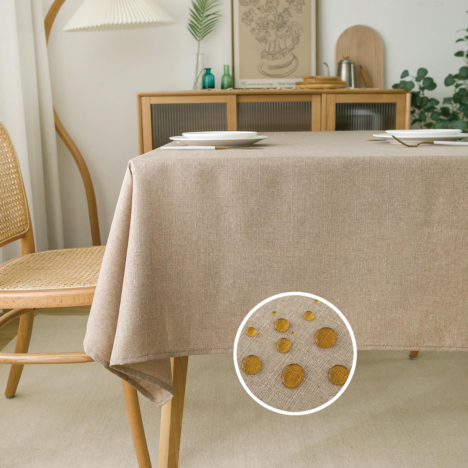 NLMUVW tan faux linen tablecloth 54x78 inches for elegant dining cover.