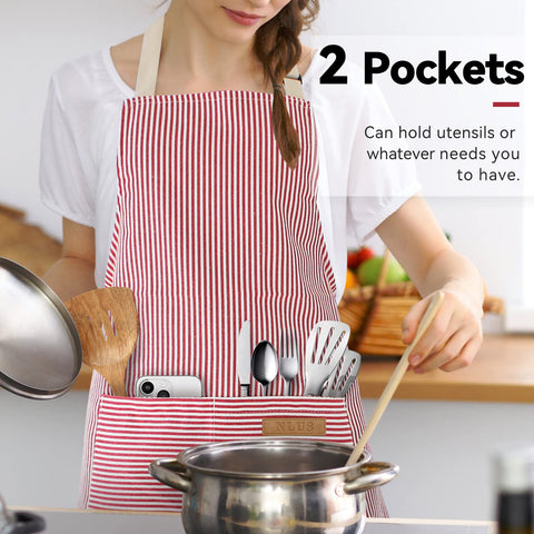 NLUS 2-pack cooking aprons with pockets in red pinstripes, back view shows adjustable waist straps