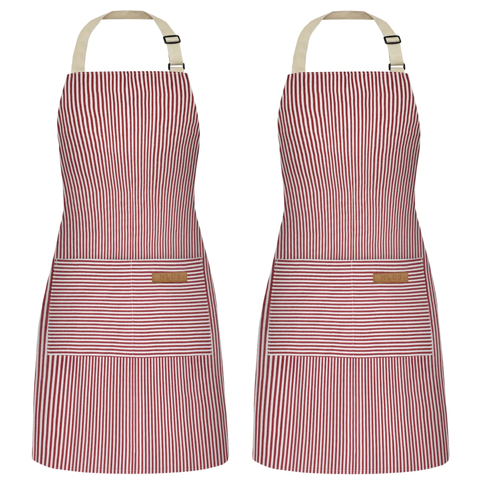 NLUS 2-pack cooking aprons with pockets in red pinstripes, front view for quick access
