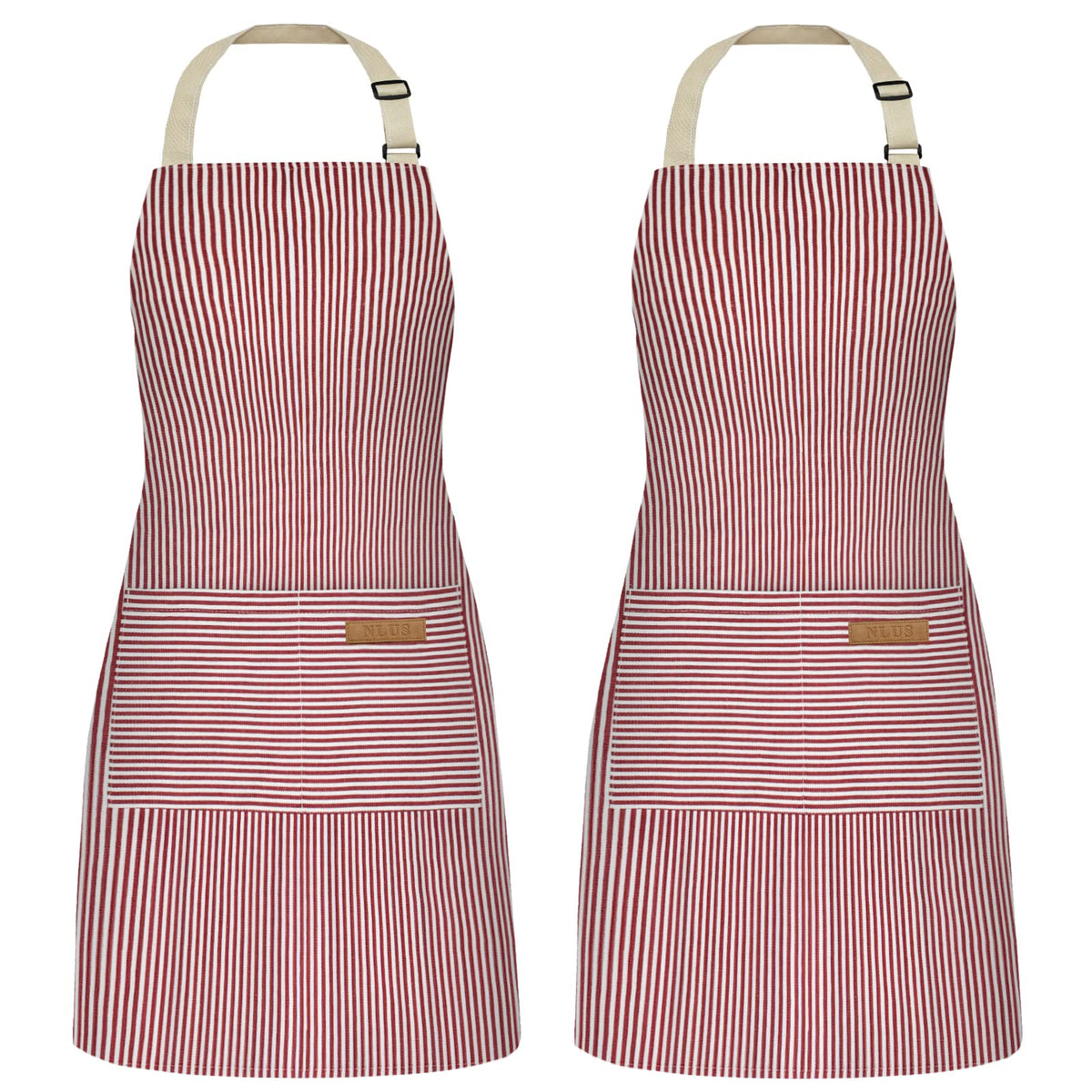 NLUS 2-pack cooking aprons with pockets in red pinstripes, front view for quick access
