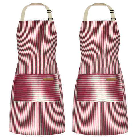 NLUS 2-pack cooking aprons with pockets in red pinstripes, front view for quick access