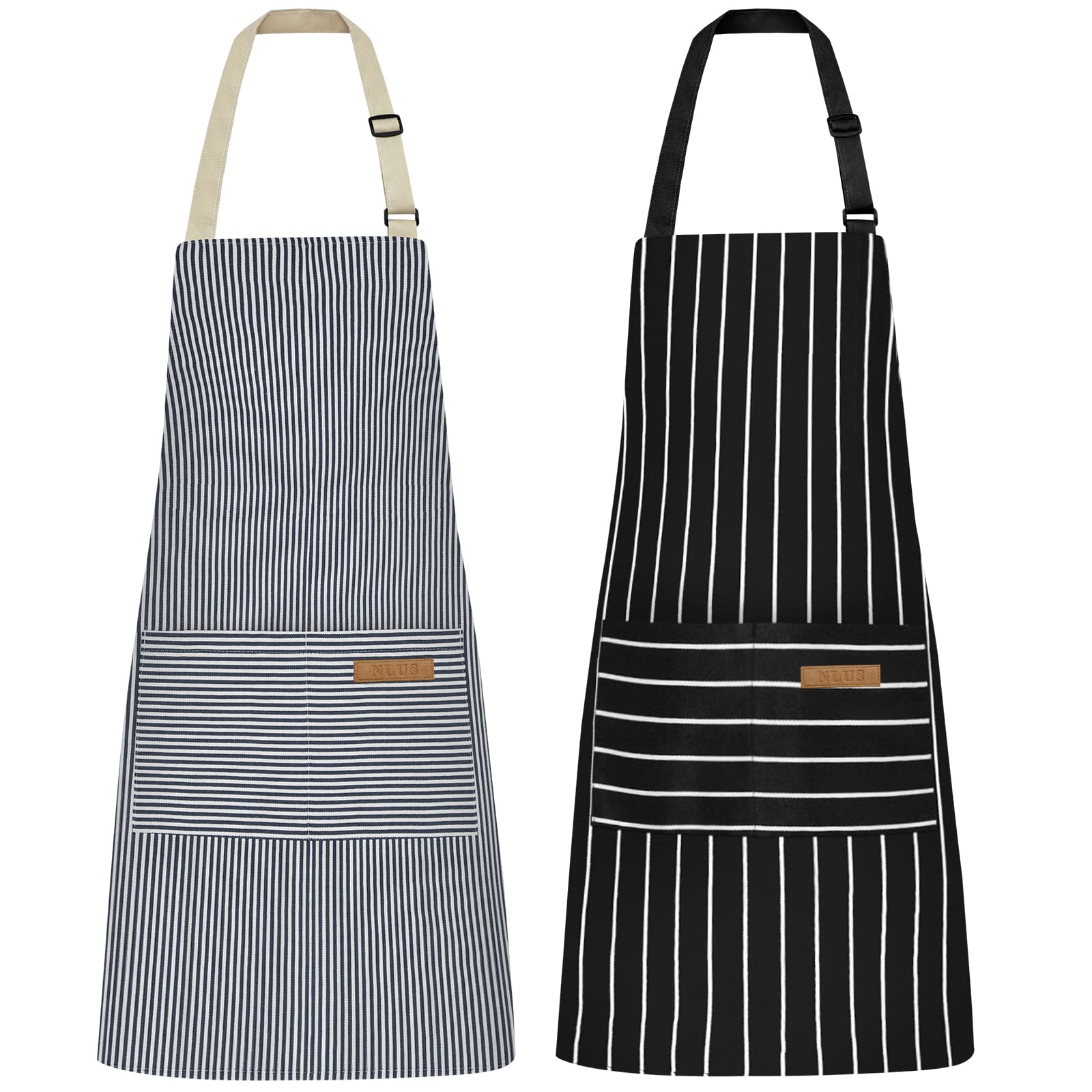 NLUS apron blue pinstripes front view with adjustable neck strap