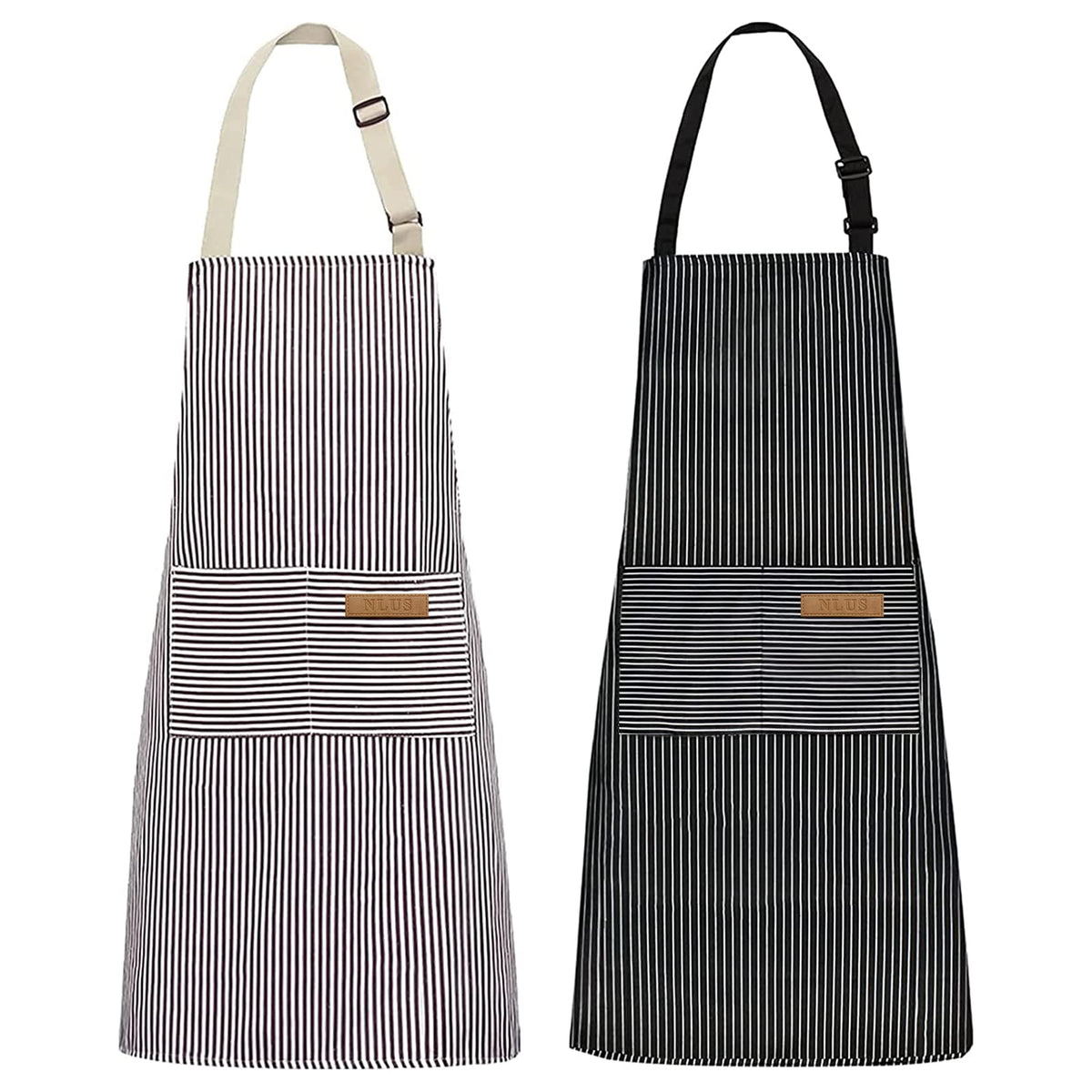 NLUS apron brown-stripes front view, adjustable neck for comfortable cooking