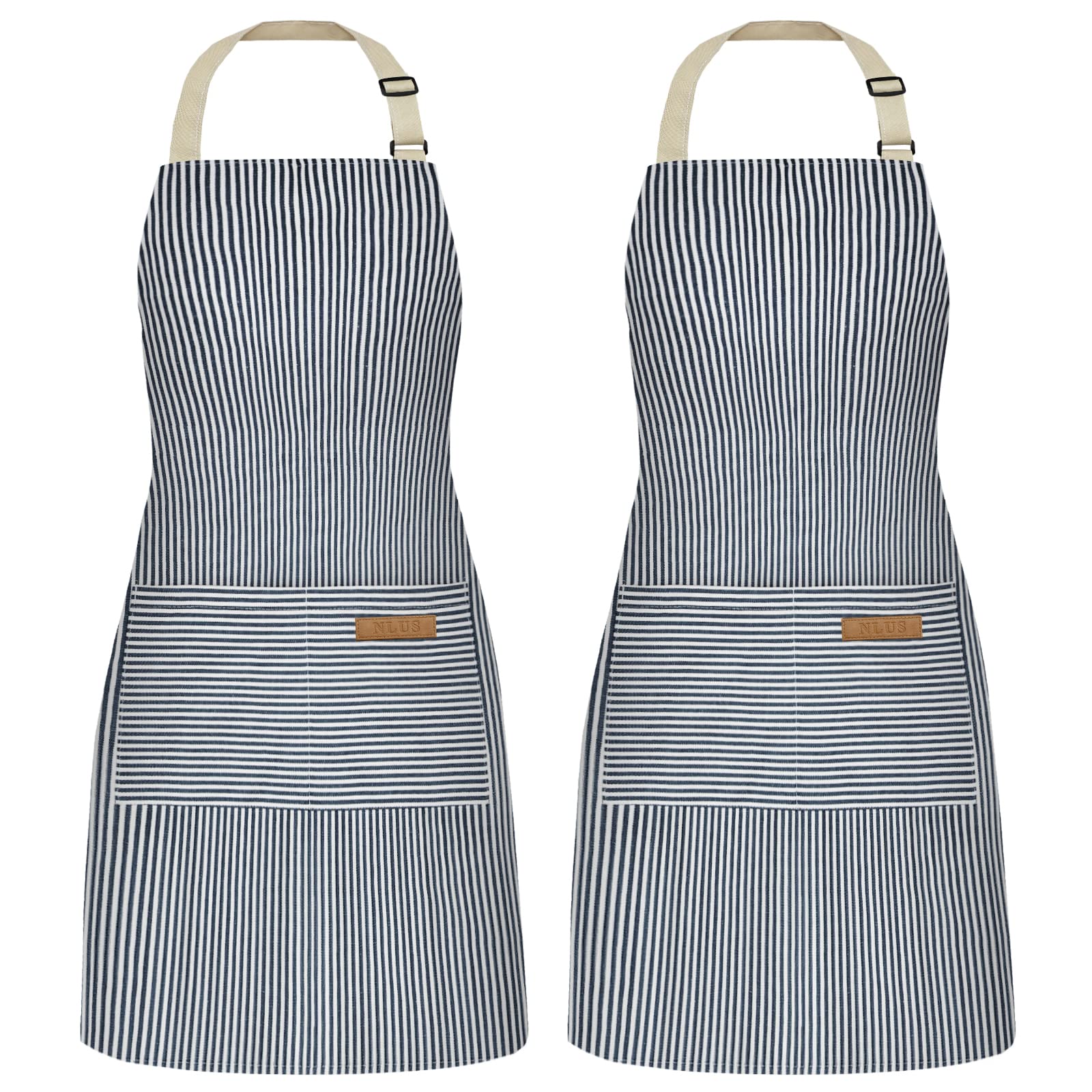 NLUS blue pinstripe apron with a roomy front pocket for utensils.