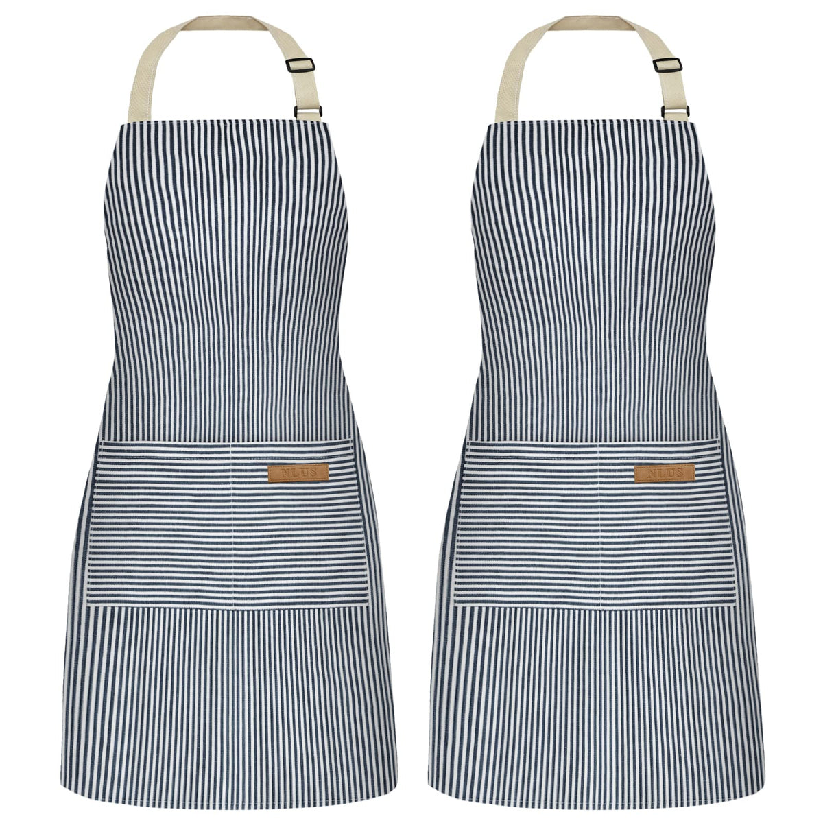 NLUS blue pinstripe apron with a roomy front pocket for utensils.