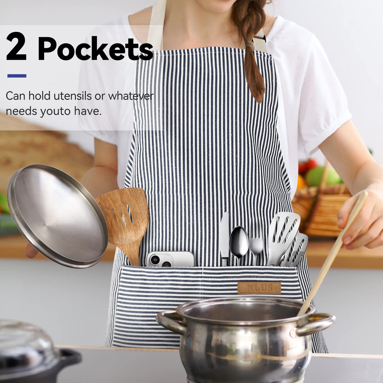 NLUS apron pocket design holds thermometer, phone, and recipes.