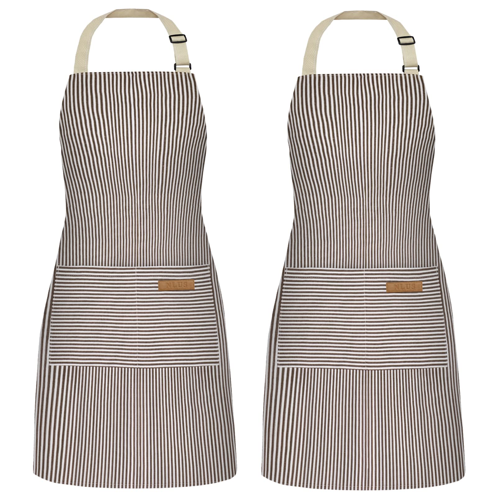 NLUS brown pinstripe apron front view showing roomy pockets for tools and phone