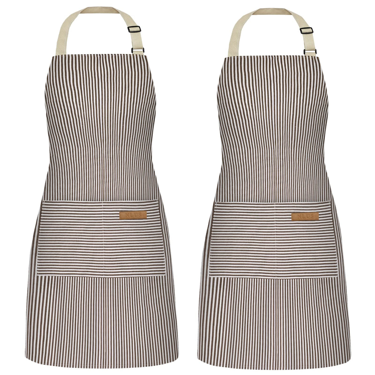NLUS brown pinstripe apron front view showing roomy pockets for tools and phone
