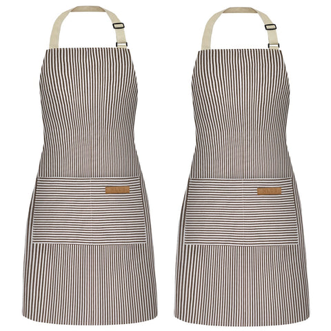 NLUS brown pinstripe apron front view showing roomy pockets for tools and phone