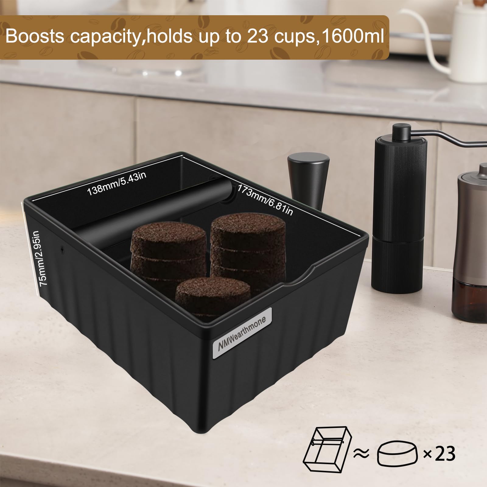 NMW earthmone espresso knock box top opening shows ample space for coffee puck collection.