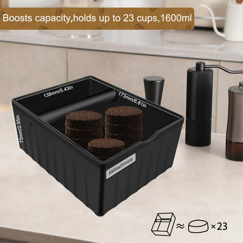 NMW earthmone espresso knock box top opening shows ample space for coffee puck collection.