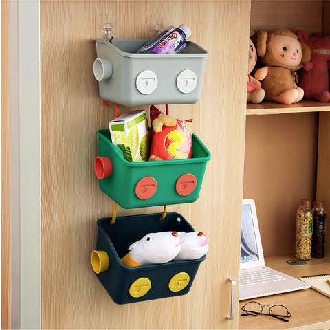 Noamus colorful baskets in dark blue, green, and gray brighten the bathroom