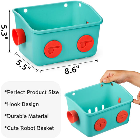 Noamus wall-mounted toy caddy showing robot design for kids' bath time