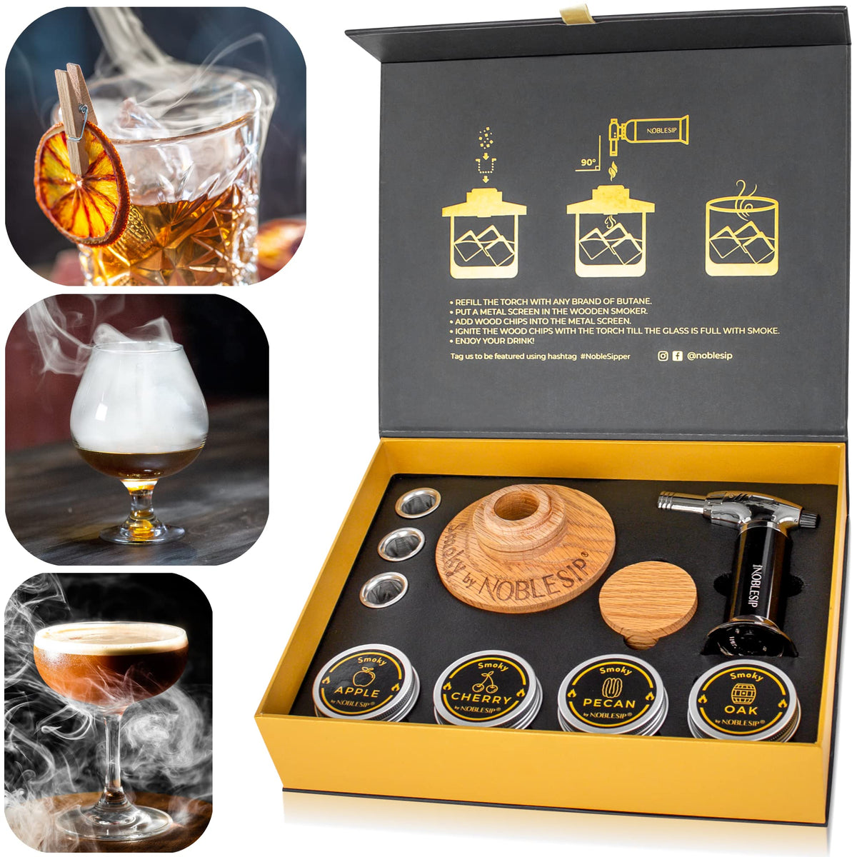 NobleSip packaging shows the premium smoker gift set for home bars