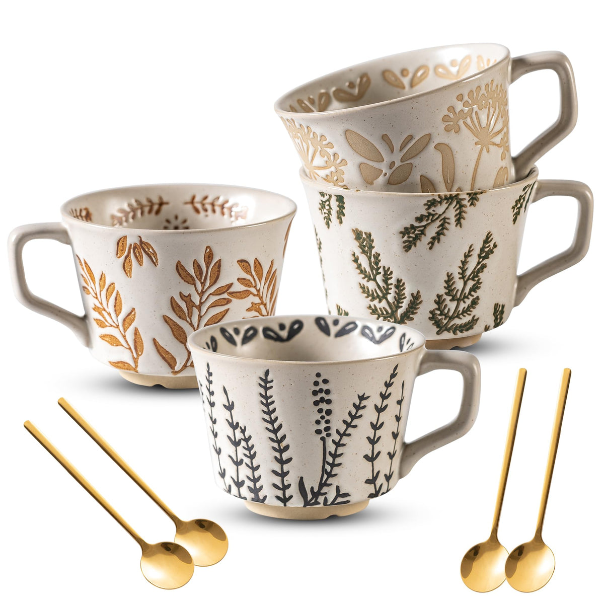 Noevany ceramic mug set with spoons, 11oz, ideal for daily coffee rituals.