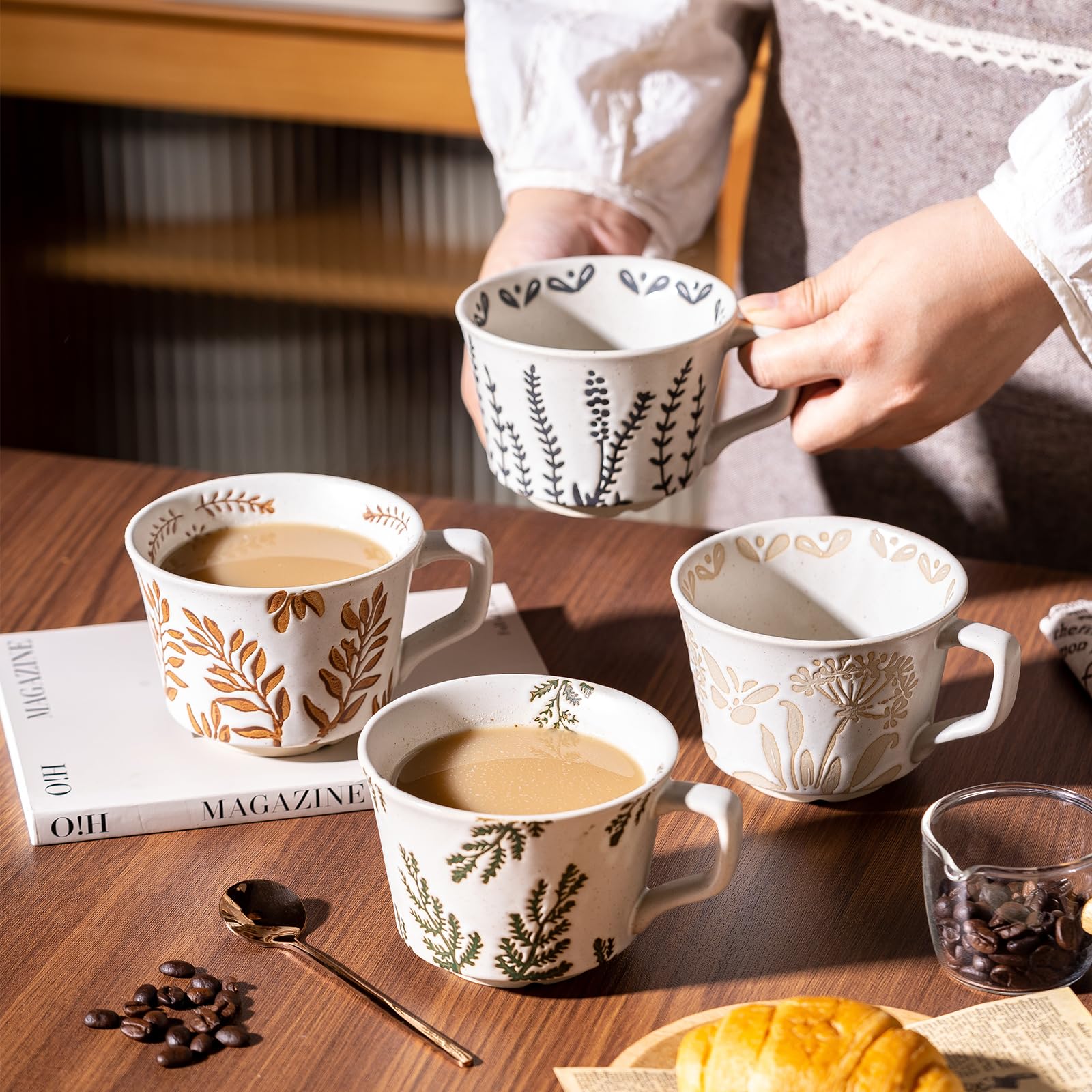 Noevany hand-painted stoneware mug with unique patterns for tea moments.