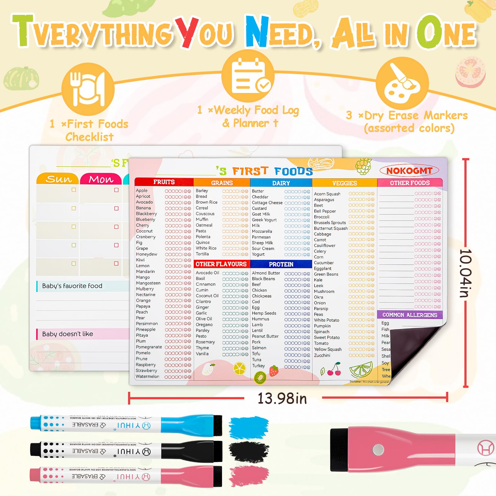 NOKOGMT weekly baby food tracker on fridge for meal planning and notes