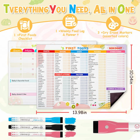 NOKOGMT weekly baby food tracker on fridge for meal planning and notes