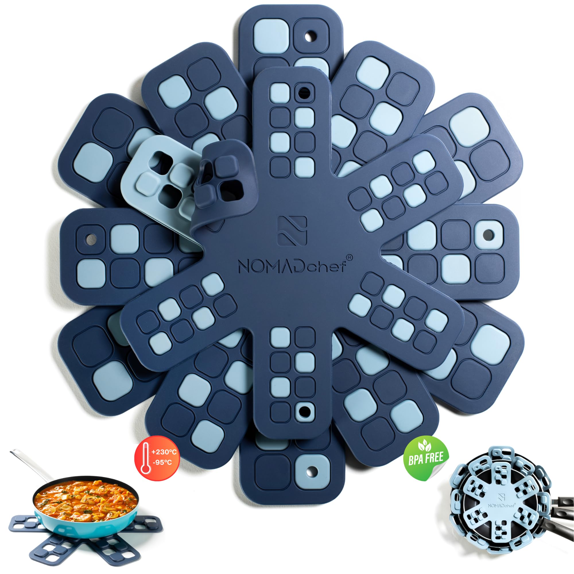 NOMADCHEF dual-use silicone pan protectors for stacking and trivets safeguard countertops.