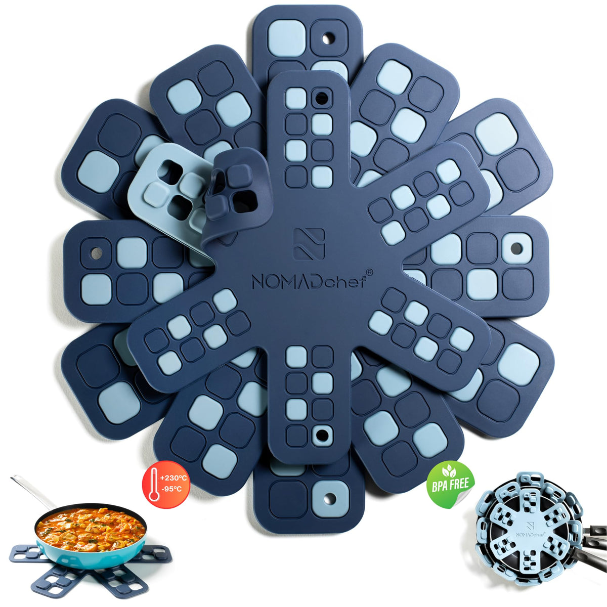 NOMADCHEF dual-use silicone pan protectors for stacking and trivets safeguard countertops.