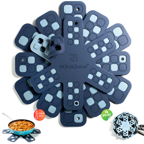 NOMADCHEF dual-use silicone pan protectors for stacking and trivets safeguard countertops.