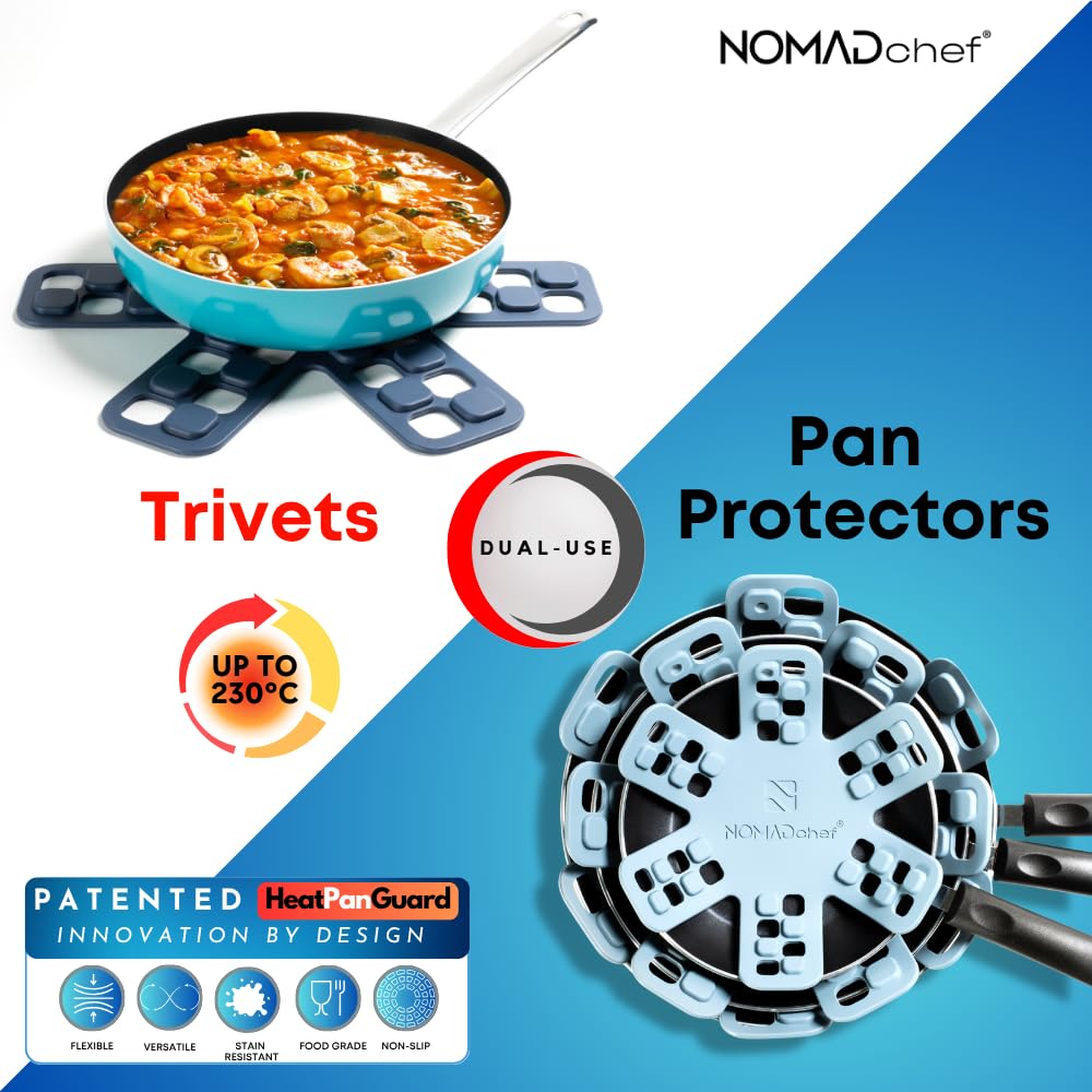 NOMADCHEF silicone trivet mat blue provides heat protection for oven-fresh dishes.