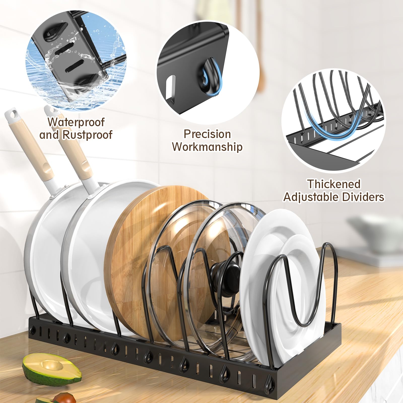 NomNest heavy-duty steel construction supports heavy lids and pans.