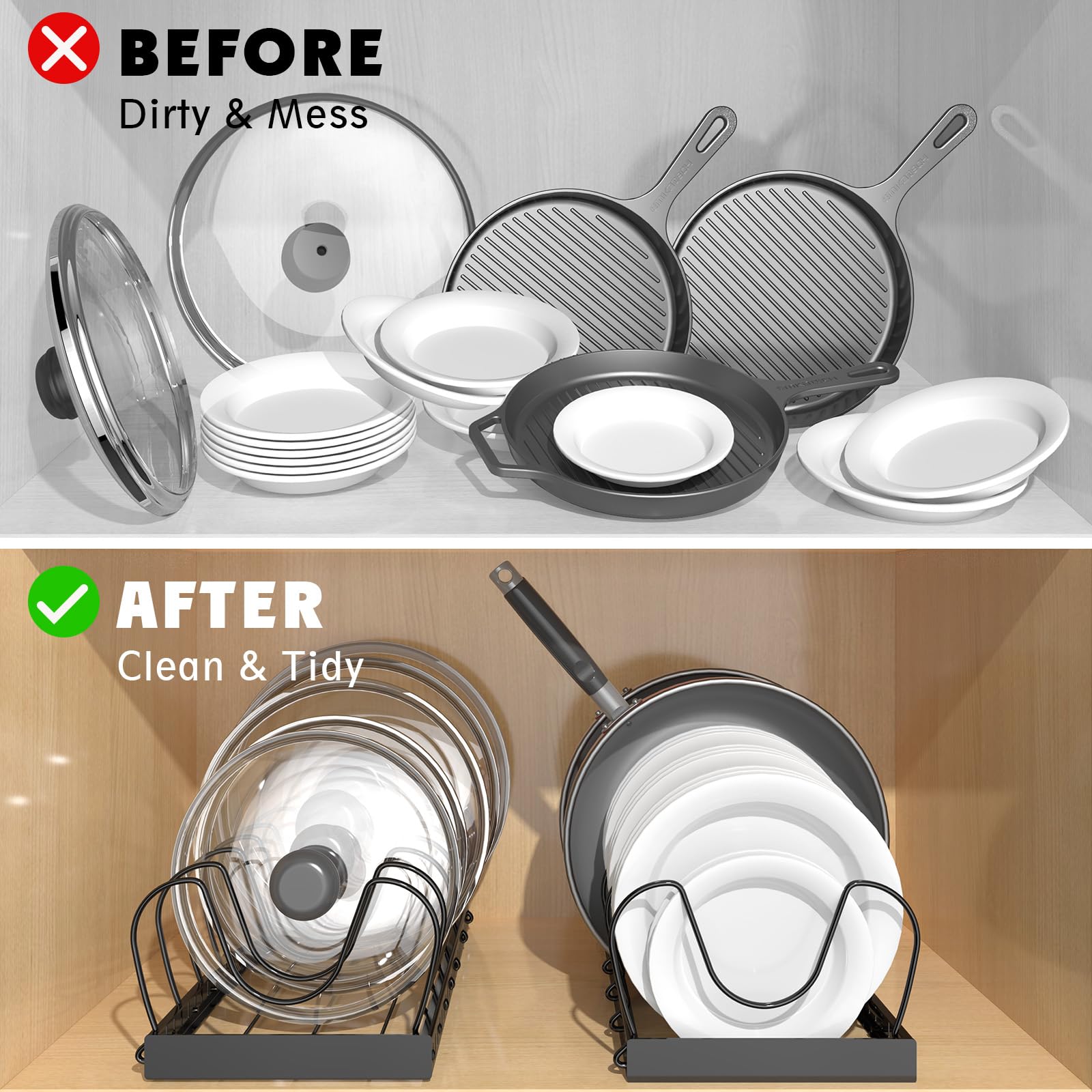 NomNest lid rack with adjustable dividers saves cabinet space.