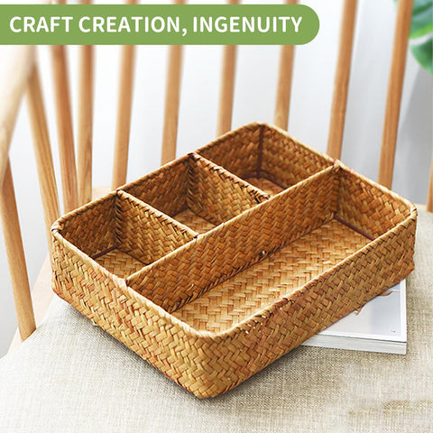 Nonam handwoven seagrass basket steadies small items with versatile compartments.