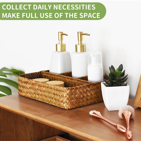 Nonam rattan divided basket elevates desk storage with durable handwoven craftsmanship.