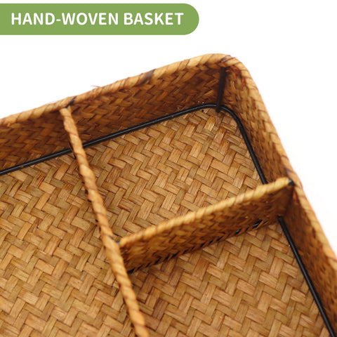Nonam seagrass woven compartment organizer keeps office essentials neatly separated.