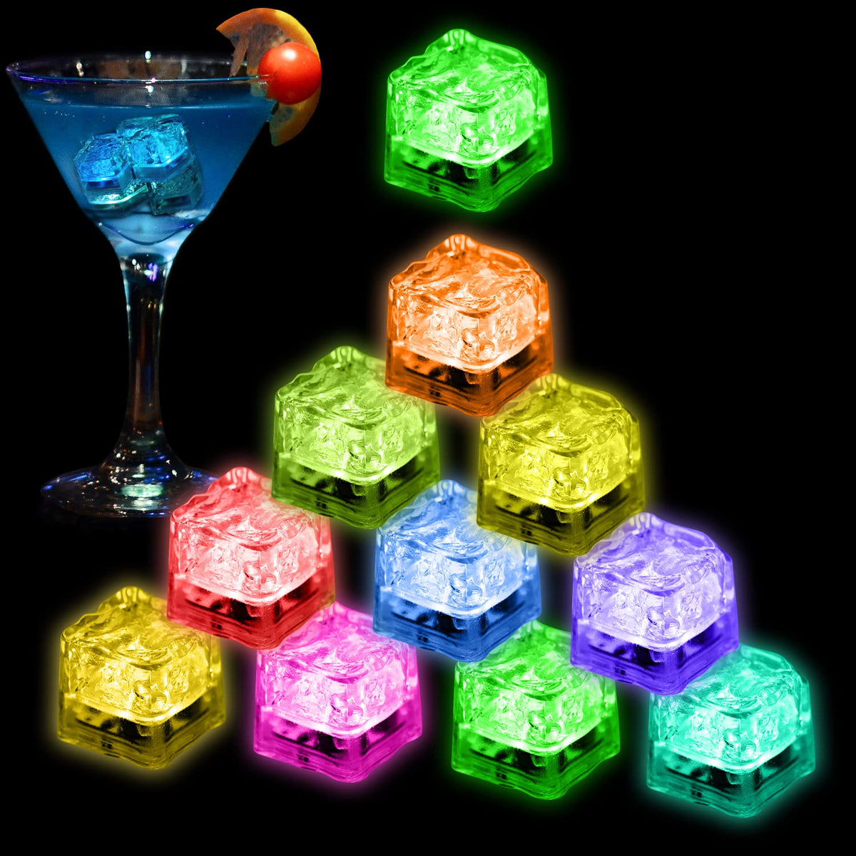 Nonley light up LED ice cubes illuminate drinks with vibrant color.