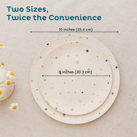 Nook Theory bamboo plates stacked, space-saving reusable dinnerware for busy families