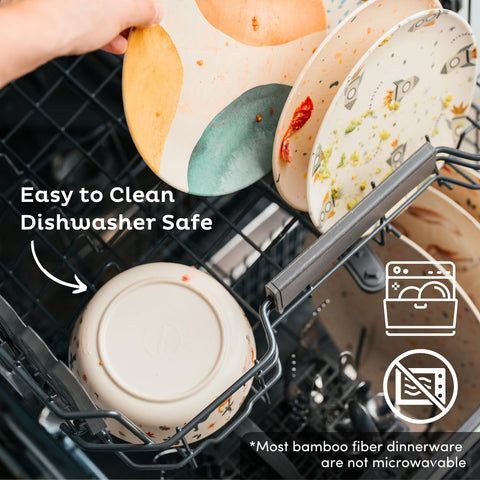 Close-up dishwasher-safe label on a Nook Theory bowl.