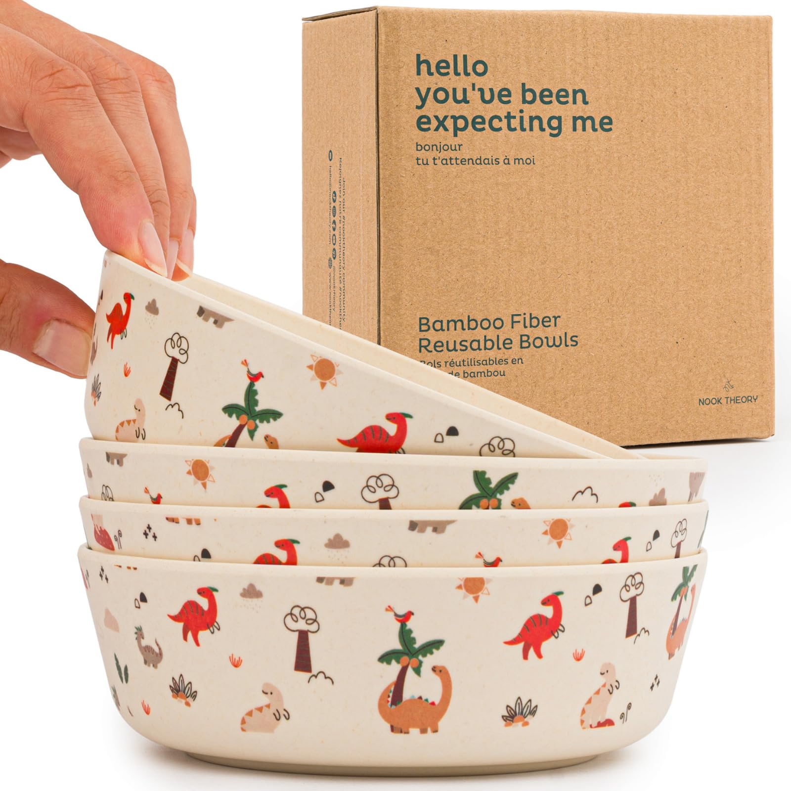 Nook Theory Dino bamboo bowl front view with smooth rim for easy feeding.