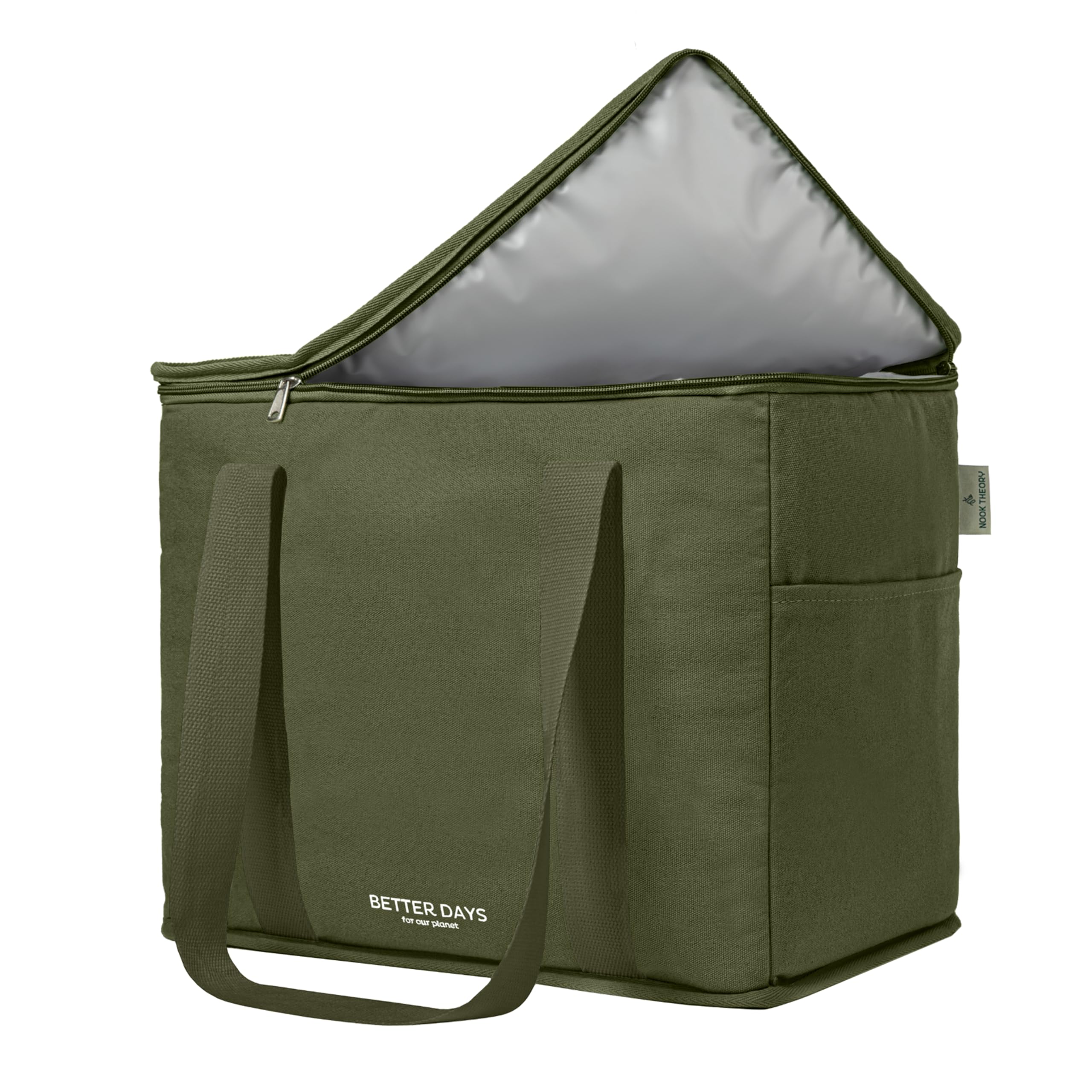 Nook Theory reusable insulated grocery bag with forest canvas exterior keeps groceries cool.