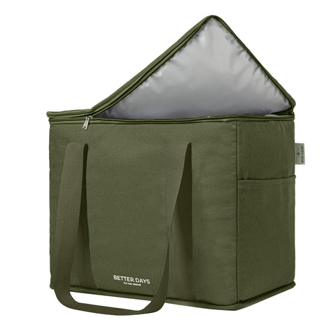 Nook Theory reusable insulated grocery bag with forest canvas exterior keeps groceries cool.