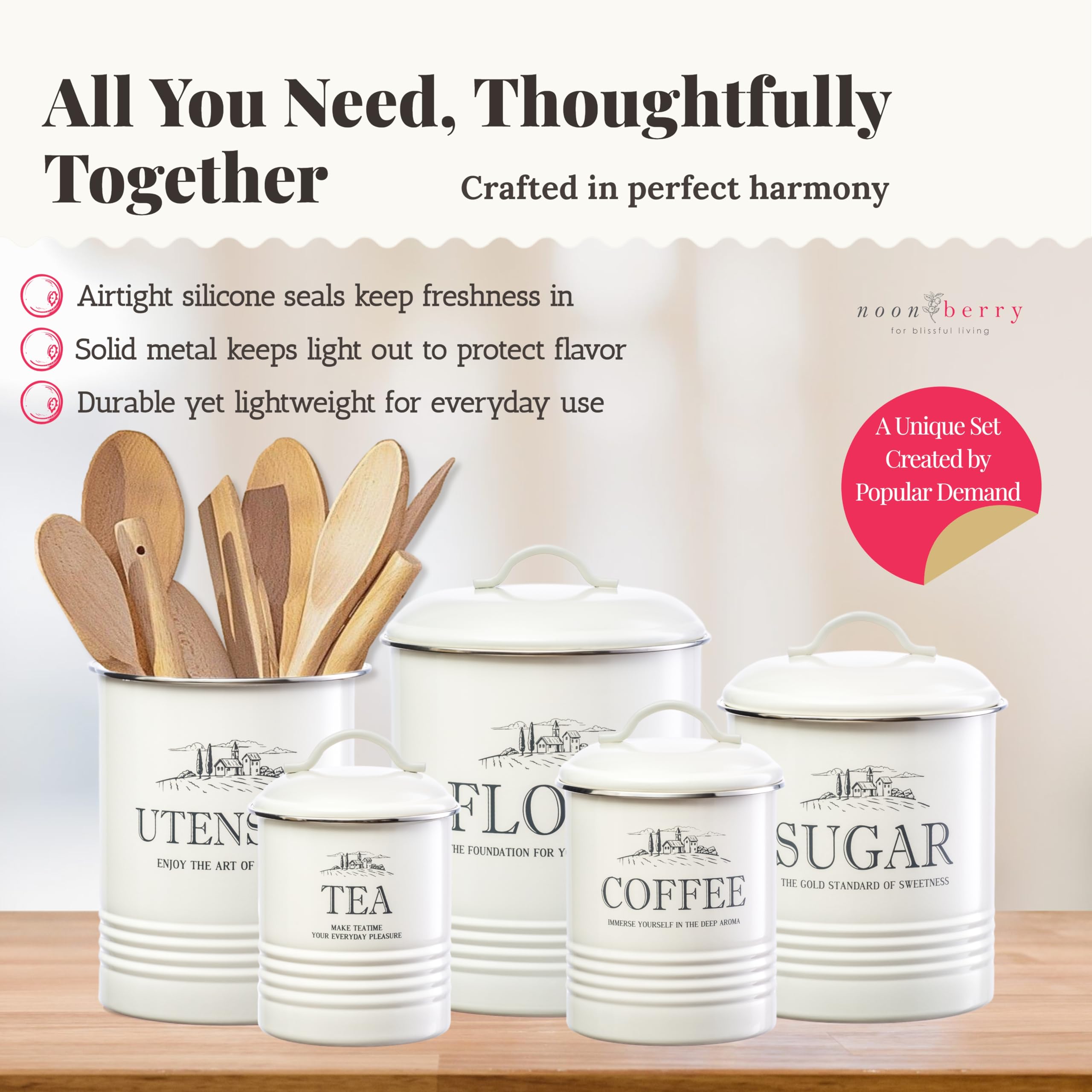 Noonberry flour canister helps keep pantry flour fresh and dry