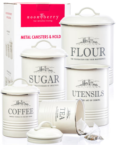 Noonberry 5-piece kitchen canisters in cream finish for organized countertop storage