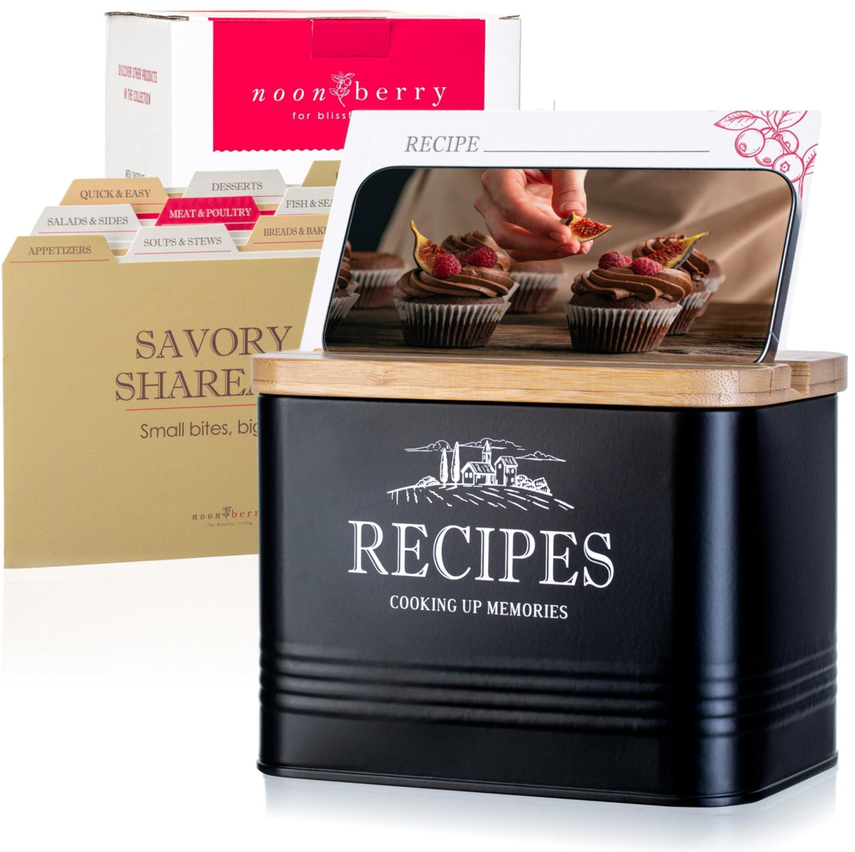 Noonberry recipe box in matte Black for organized, stylish kitchen storage.
