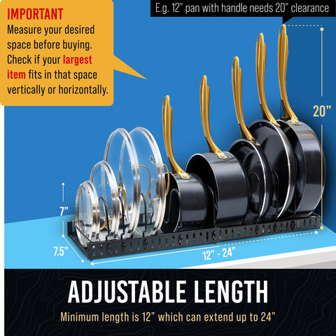 Norcalway expandable pan organizer demonstrates adjustable length for a snug fit.