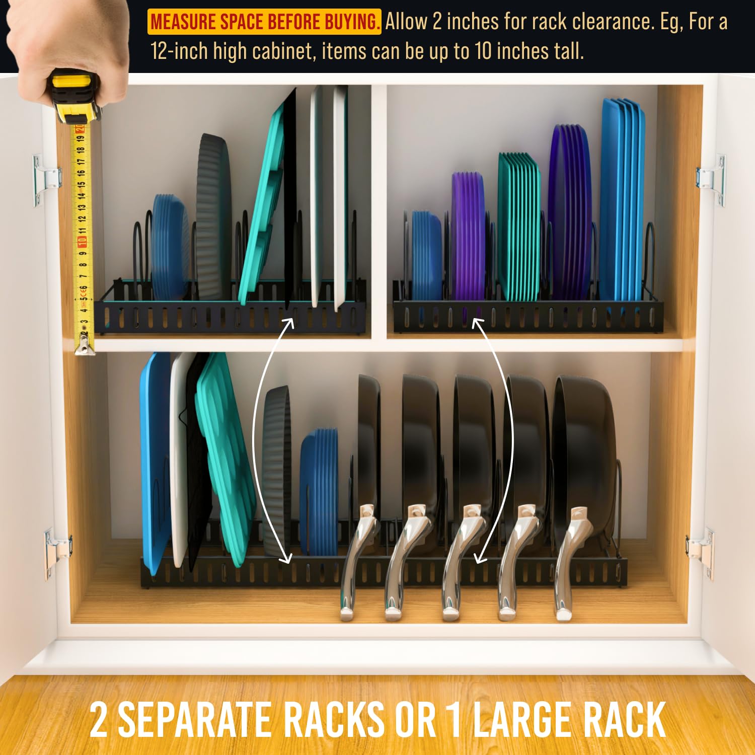 Norcalway organizes pots, pans, lids, bakeware, and more for easy access.