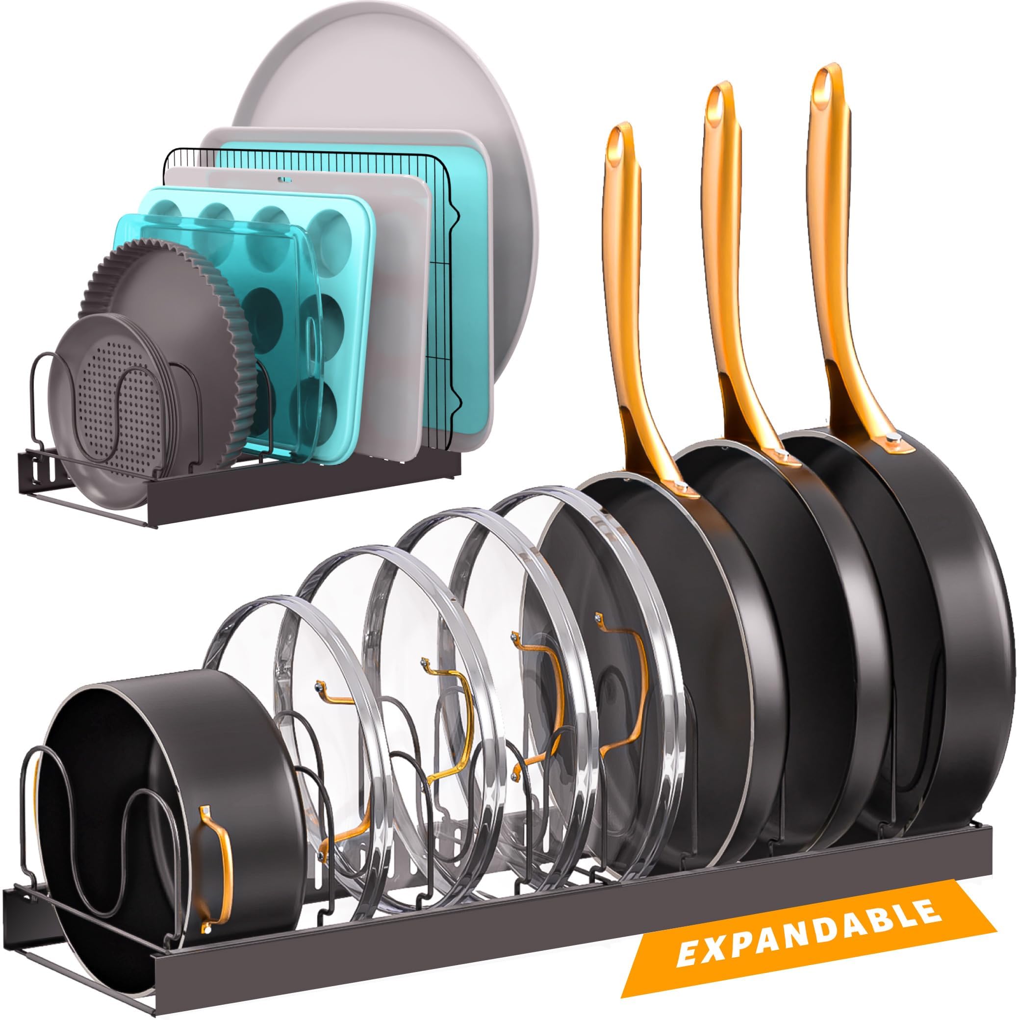 Norcalway under-cabinet bakeware organizer with 11 dividers for easy access.