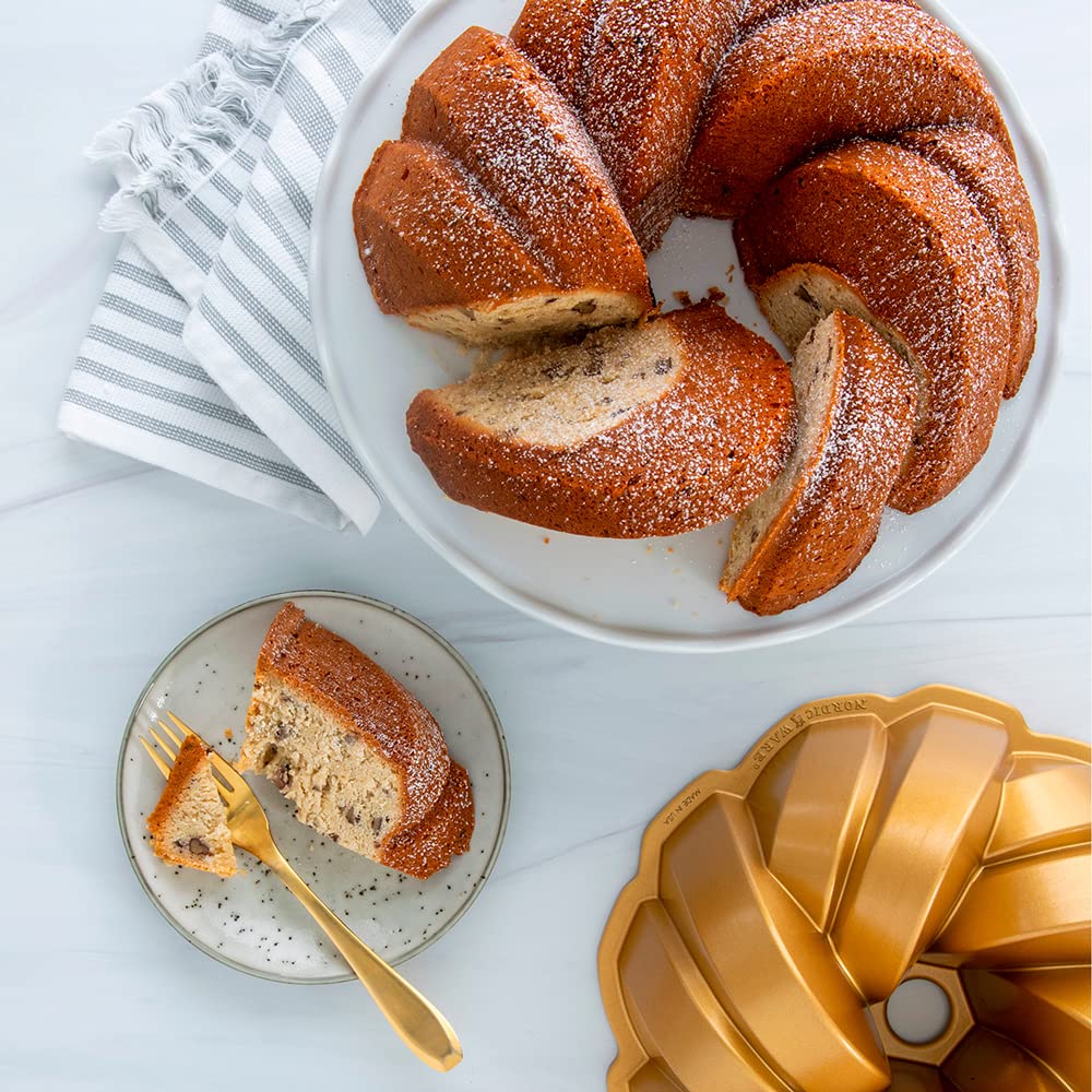 Nordic Ware 12-cup Bundt capacity ideal for family celebrations.