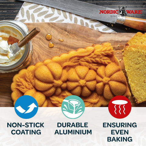 Nordic Ware bronze finish adds vintage appeal to loaves.