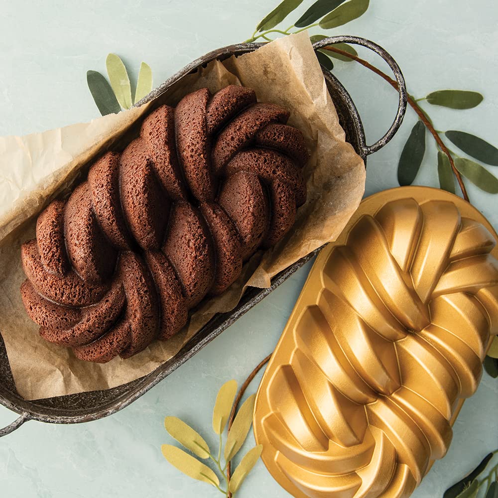 Nordic Ware Braided Loaf Pan heavy cast aluminum for uniform browning.