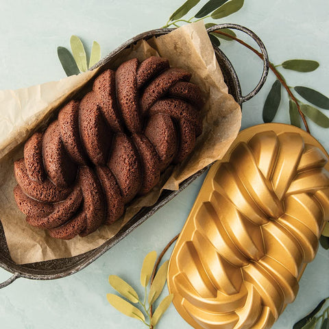 Nordic Ware Braided Loaf Pan heavy cast aluminum for uniform browning.