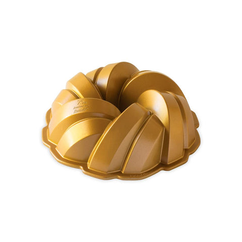Nordic Ware braided rope Bundt pan with gold finish for crisp, decorative cakes.