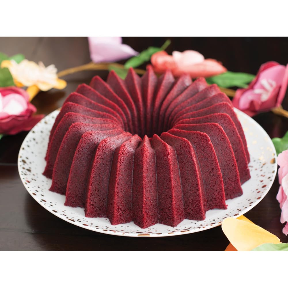 Nordic Ware Brilliance Bundt 10-cup gold on kitchen counter for display